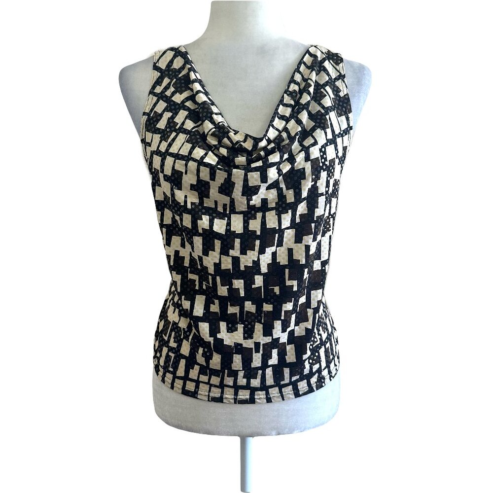 Mix It Vtg Y2K Cream/Black Sequin Geometric Blouse